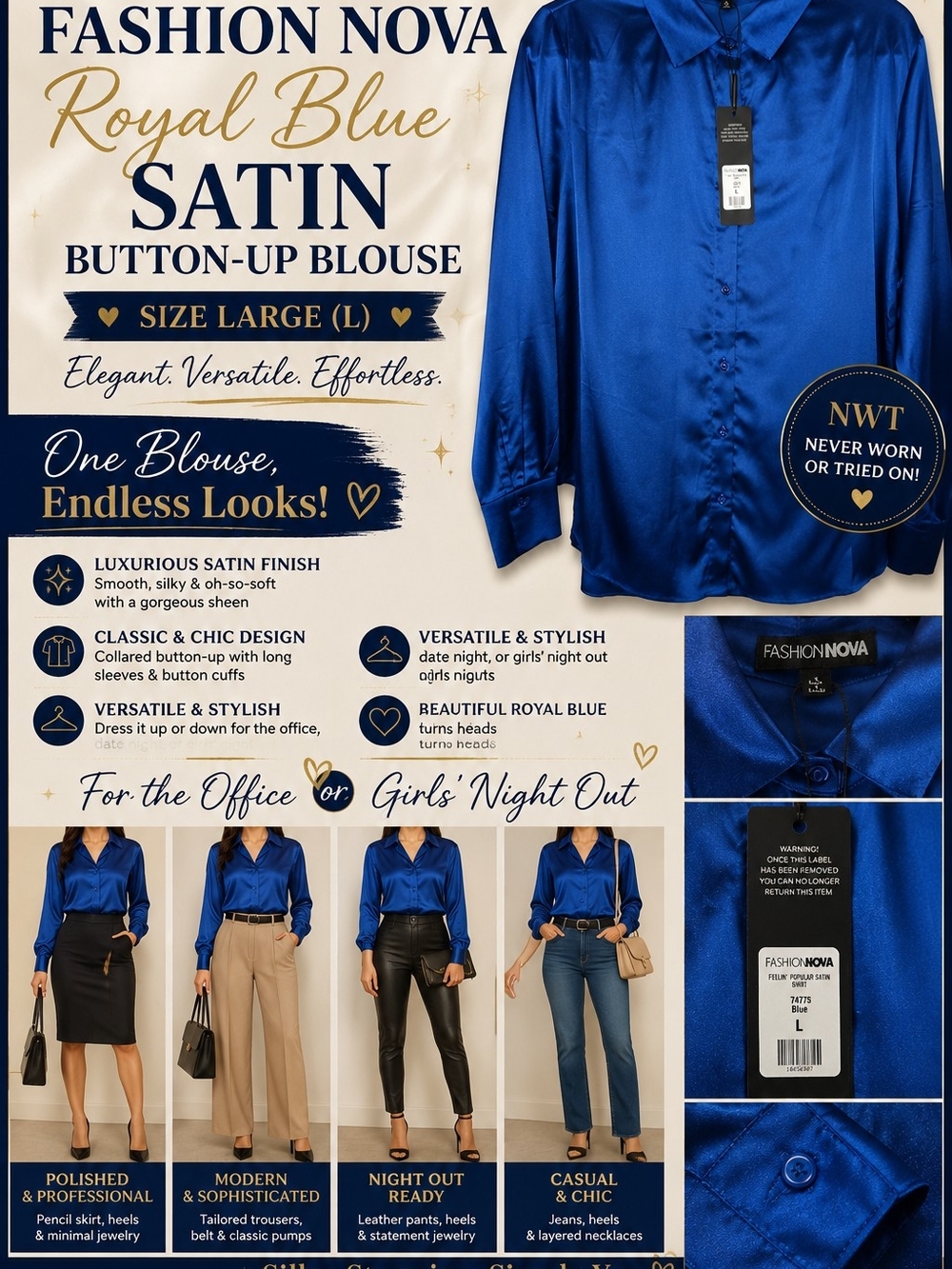 Fashion Nova Royal Blue Satin Button-Up Blouse